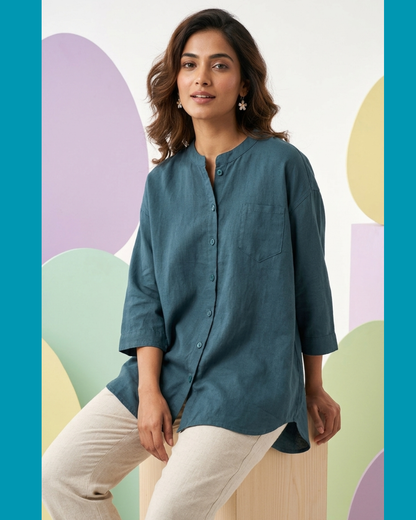 Pure Cotton Plain Shirt With Pocket For Women