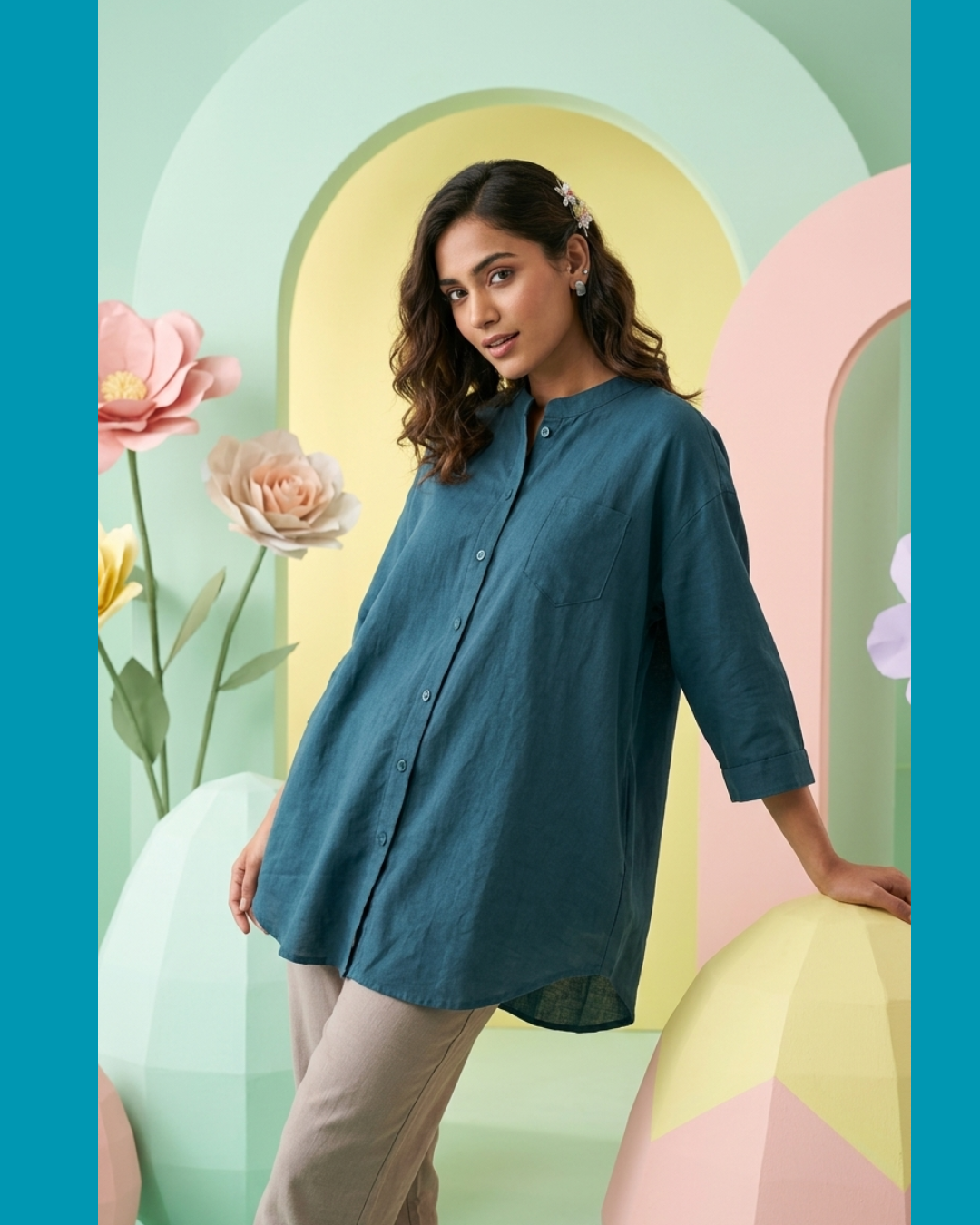 Pure Cotton Plain Shirt With Pocket For Women