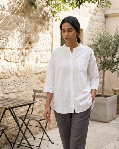 Pure Cotton Plain Shirt With Pocket For Women