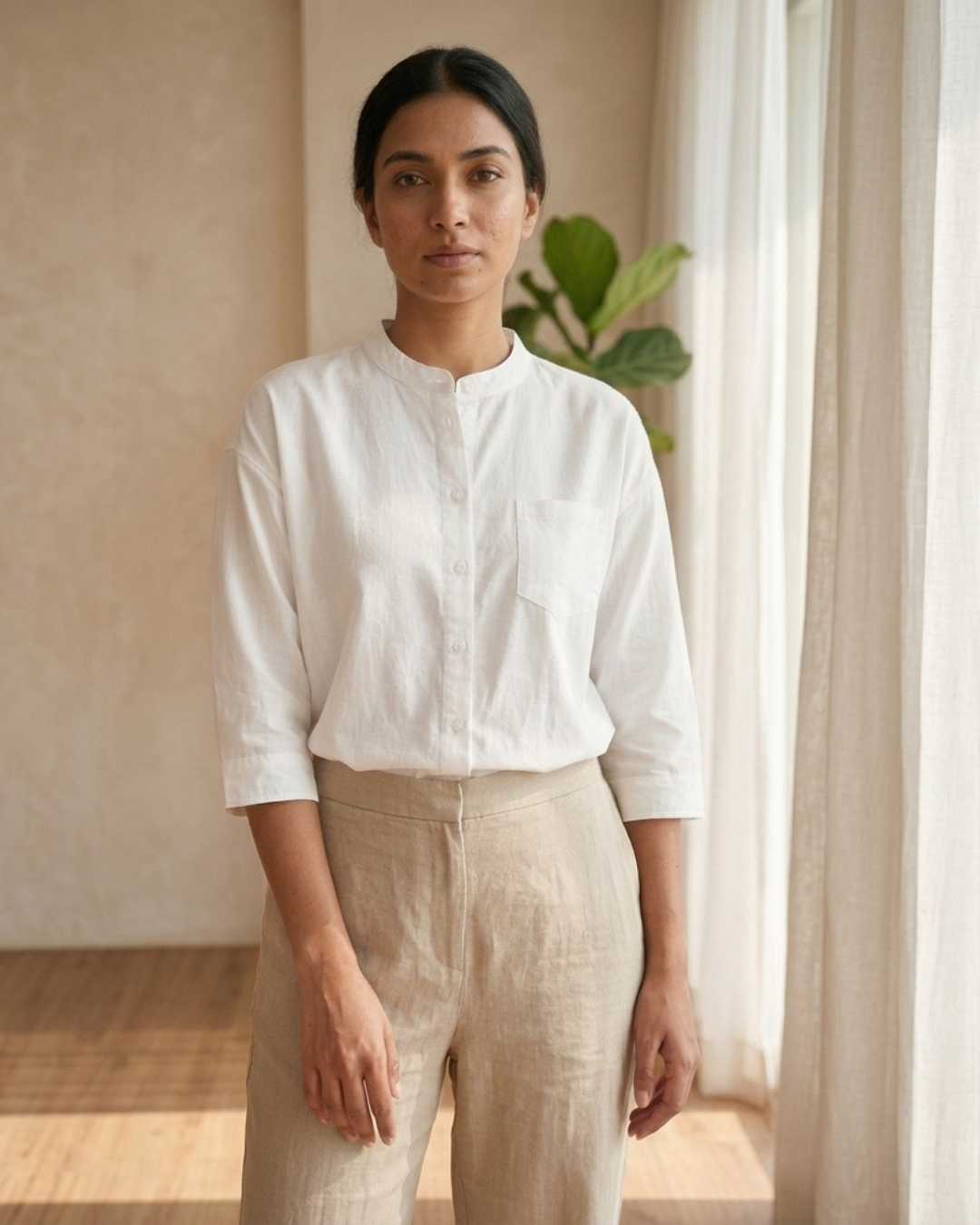 Pure Cotton Plain Shirt With Pocket For Women