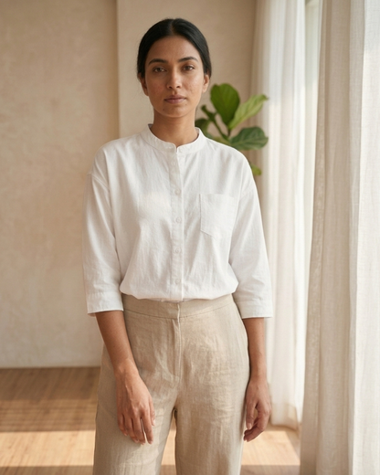Pure Cotton Plain Shirt With Pocket For Women