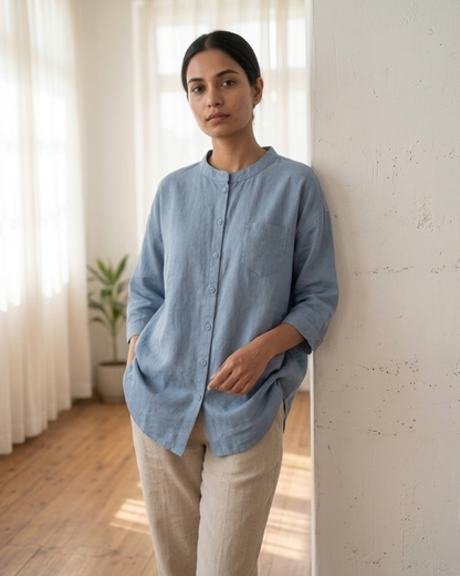 Pure Cotton Plain Shirt With Pocket For Women