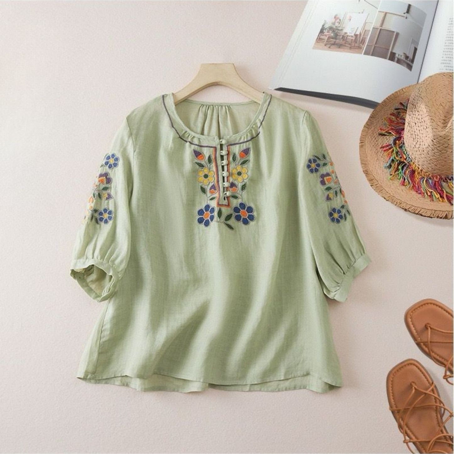 Pure Cotton Embroidered Comfortable Top With Neck Embroidered Sleeves