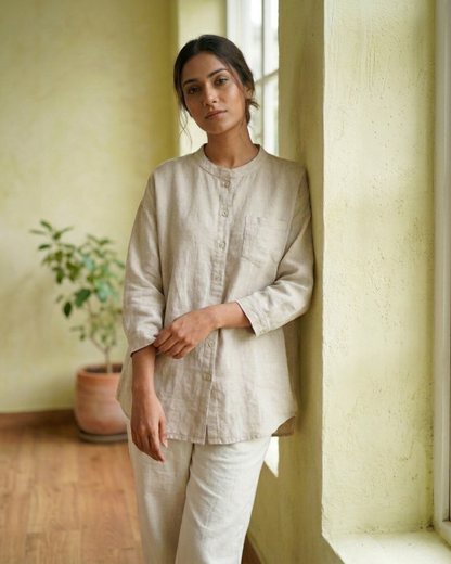 Pure Cotton Plain Shirt With Pocket For Women