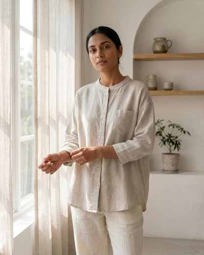 Pure Cotton Plain Shirt With Pocket For Women
