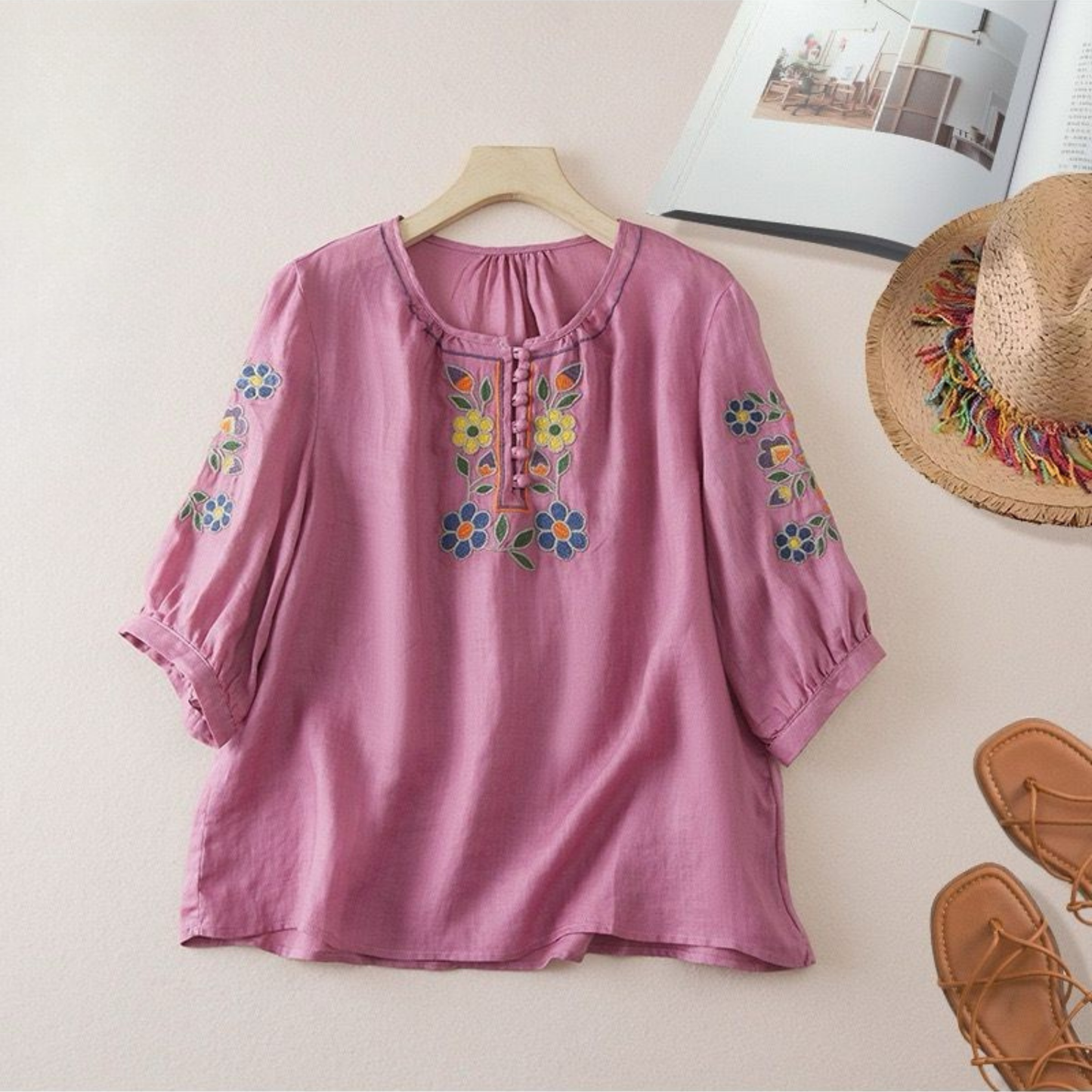 Pure Cotton Embroidered Comfortable Top With Neck Embroidered Sleeves